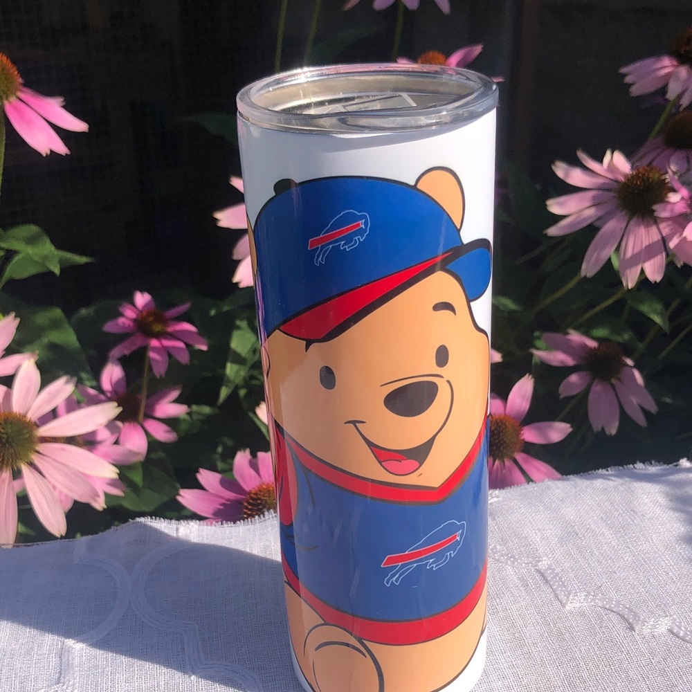 WINNIE THE POOH NFL Buffalo Bills tall travel coffee mug drink glass